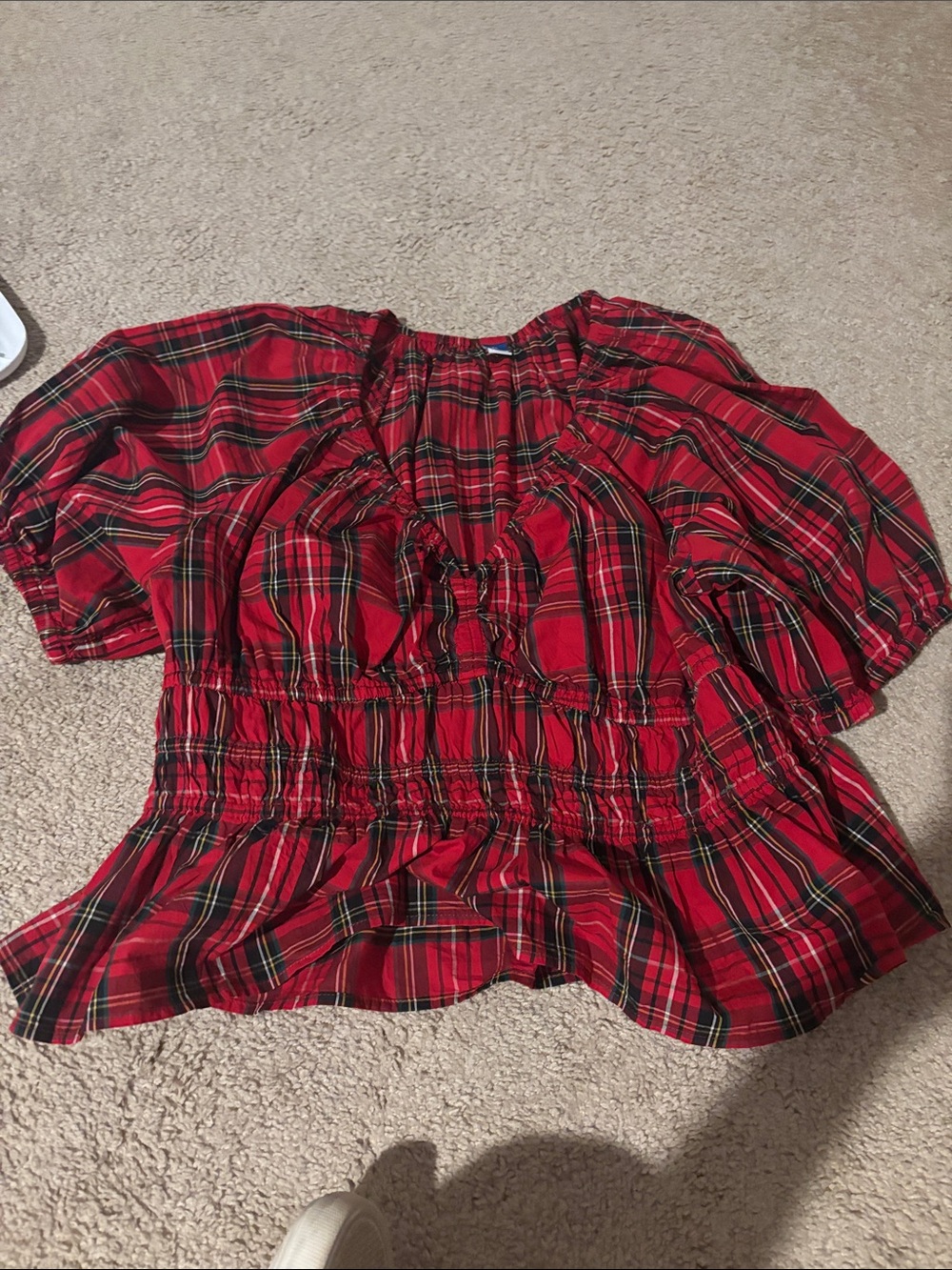Old Navy Red Plaid Smocked Peasant Top